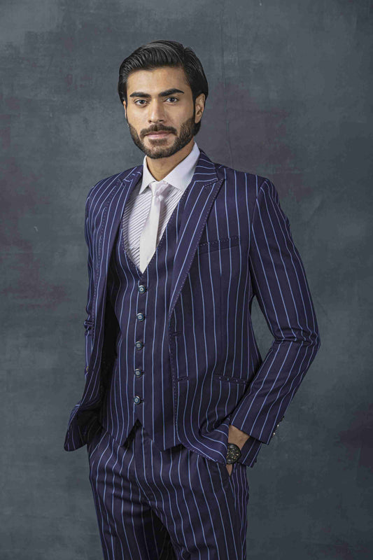 Navy Stripped Classic Two Buttoned Suit