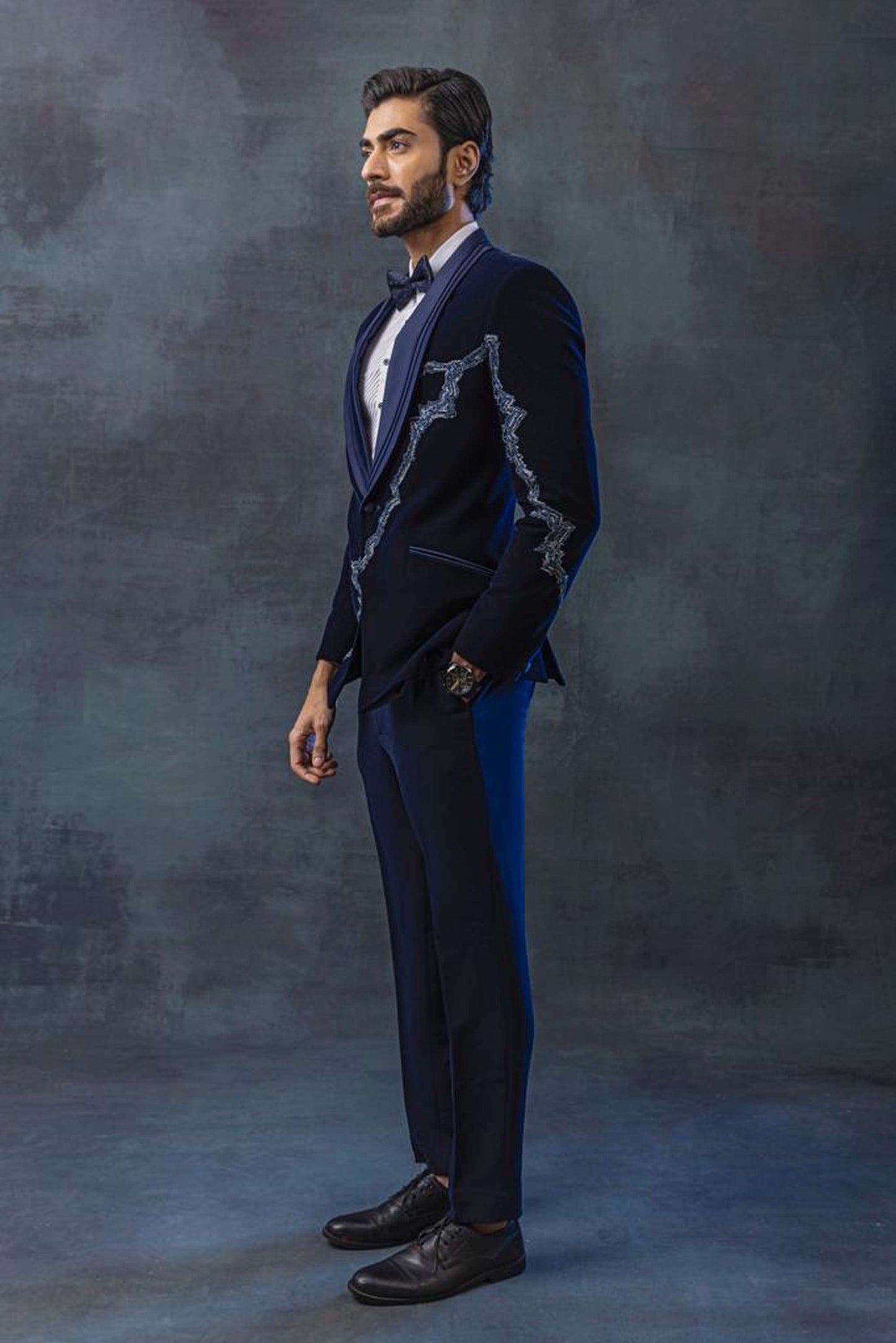 Blue Velvet Tuxedo With Peal Embellishment