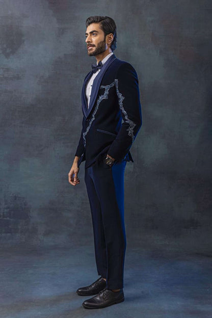 Blue Velvet Tuxedo With Peal Embellishment