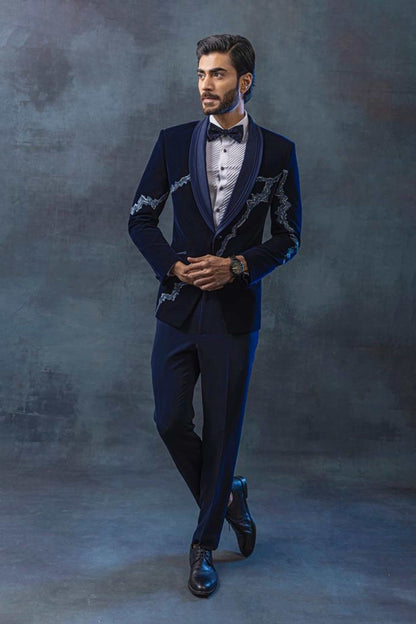 Blue Velvet Tuxedo With Peal Embellishment