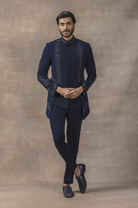 Navy Panel Bandhgala With Tonal Thread Work Set