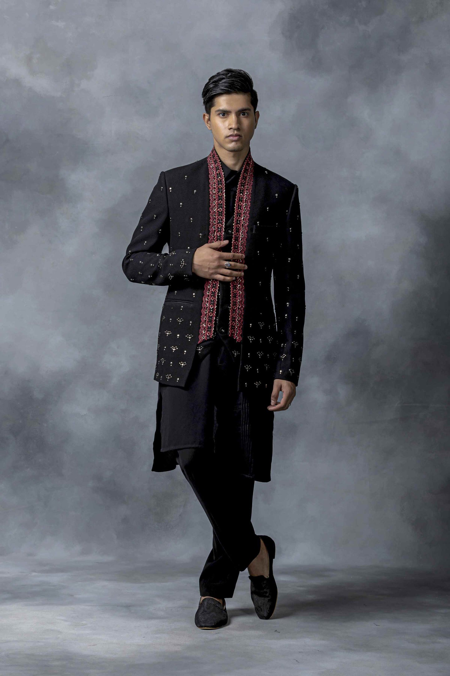 Black Dual Layer Bandhgala With Rivet Work