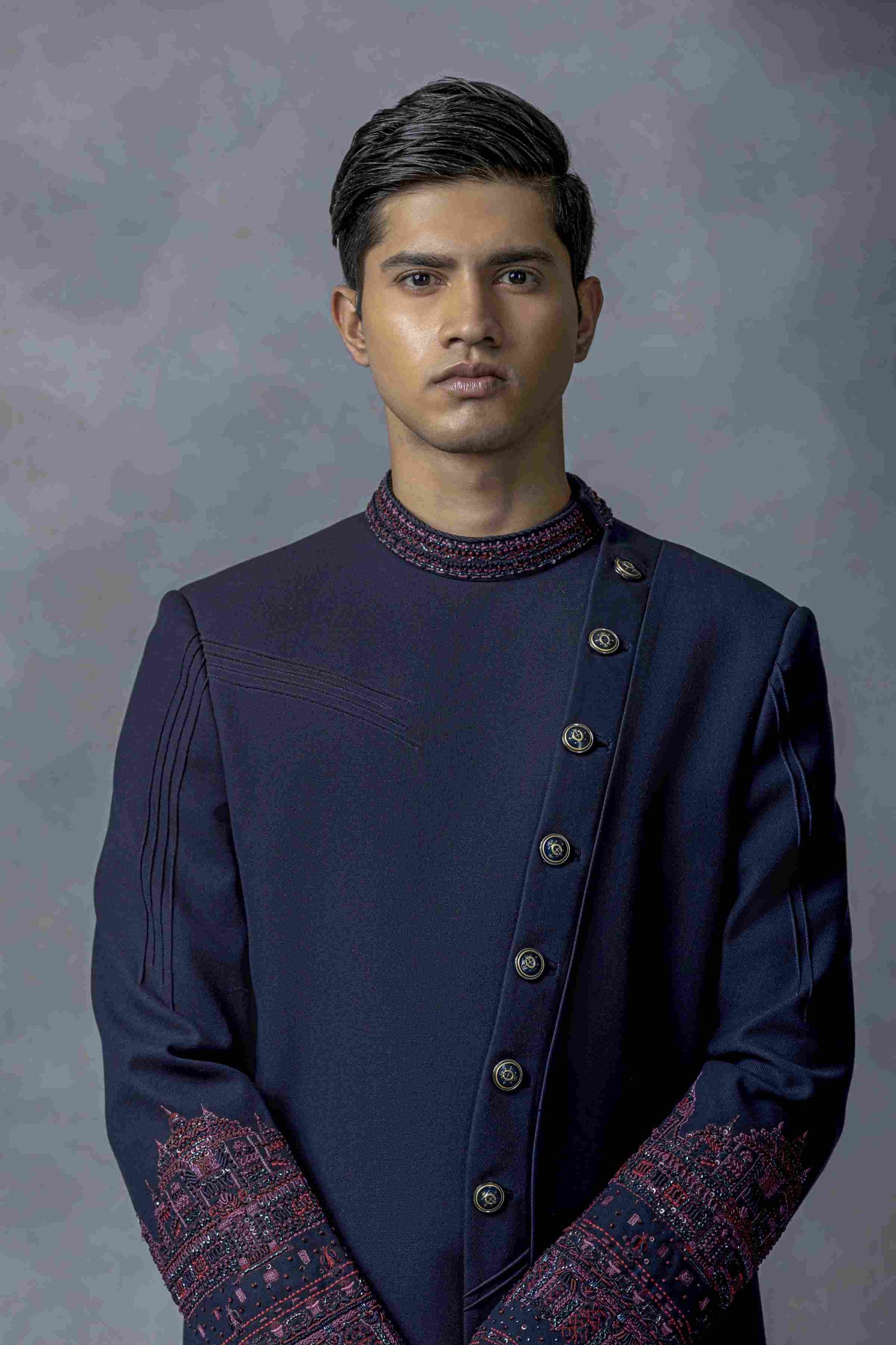 Navy Slant Cut Indo-Western With Wine And Navy Embroidery