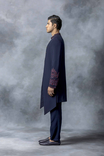 Navy Slant Cut Indo-Western With Wine And Navy Embroidery