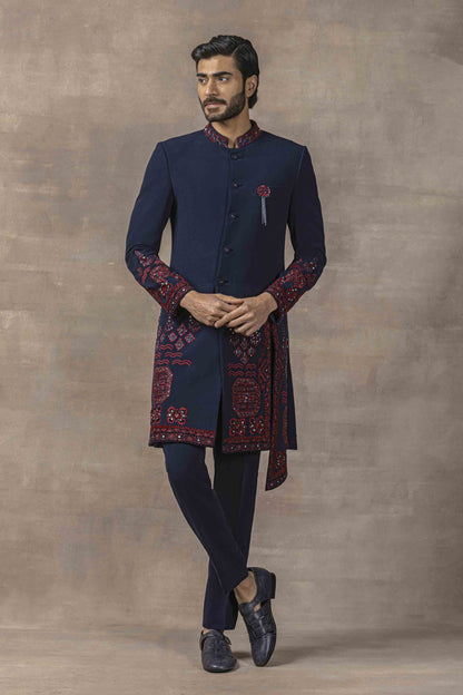 Oxblood Red And Navy Embroidered Indo-Western