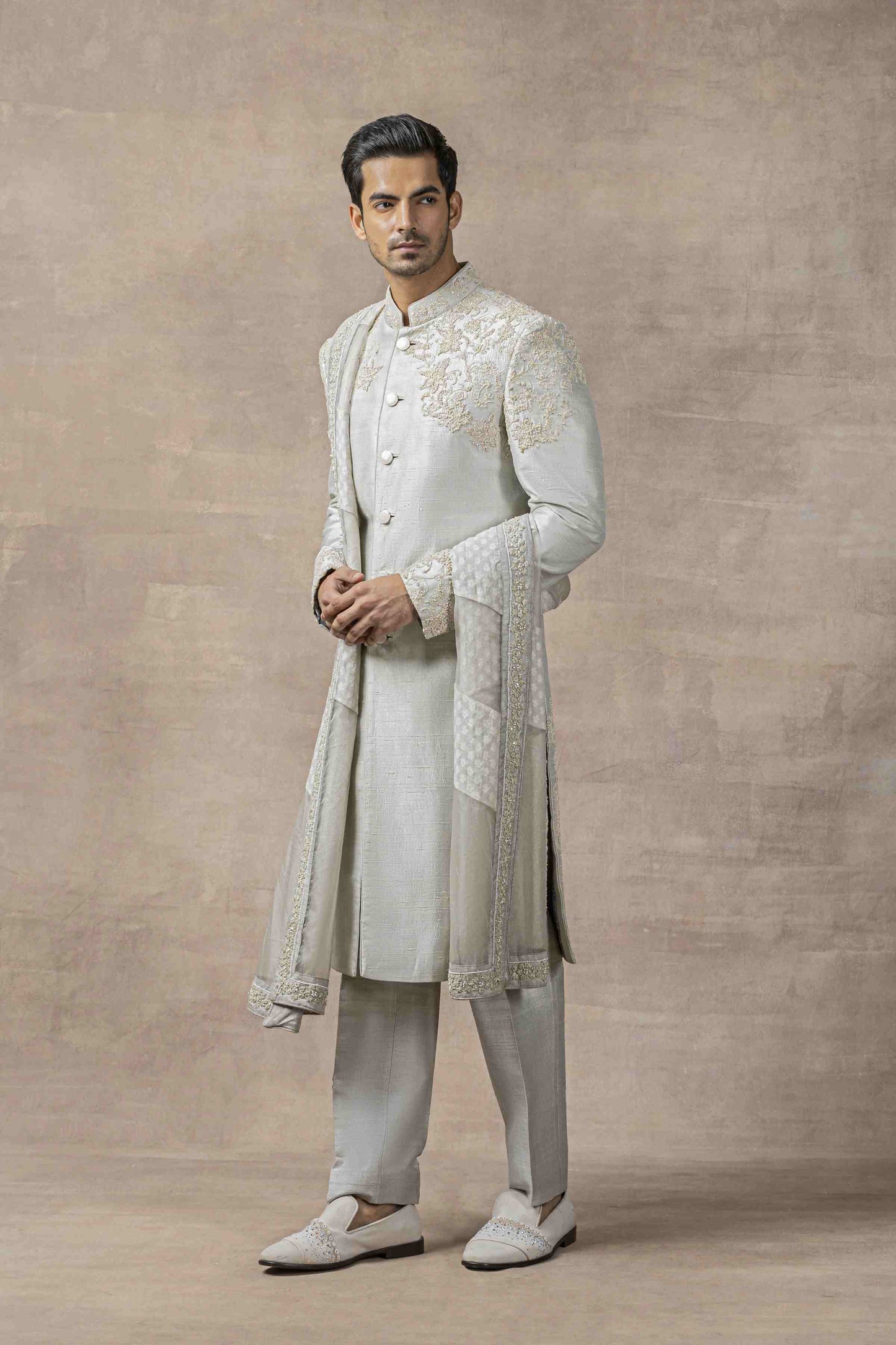 Grey Raw Silk Sherwani