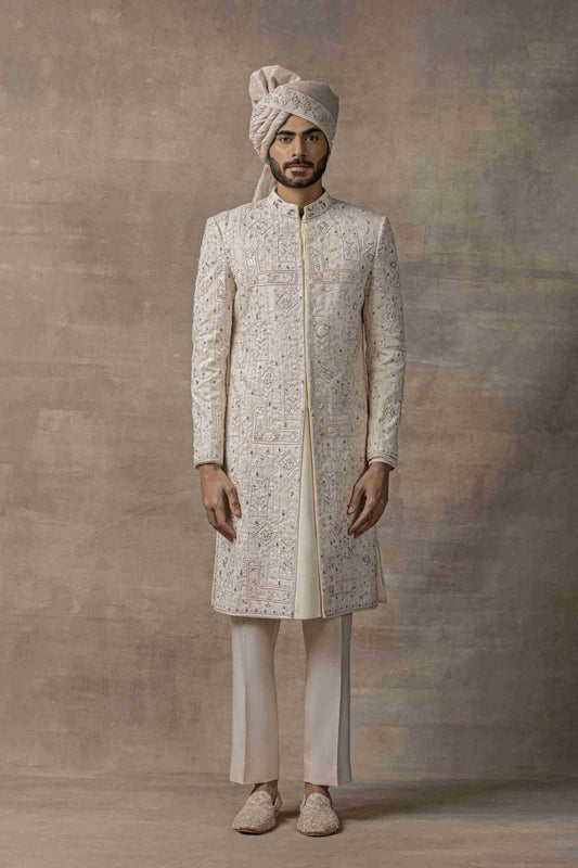 Ivory Sherwani With Pink Embroidery Highlighted With Sequin