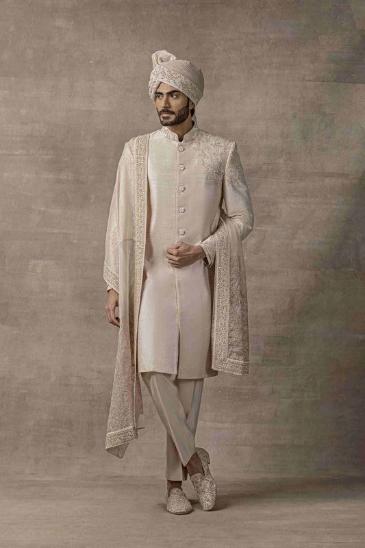 Rose Gold Sherwani With Placement Work On One Shoulder