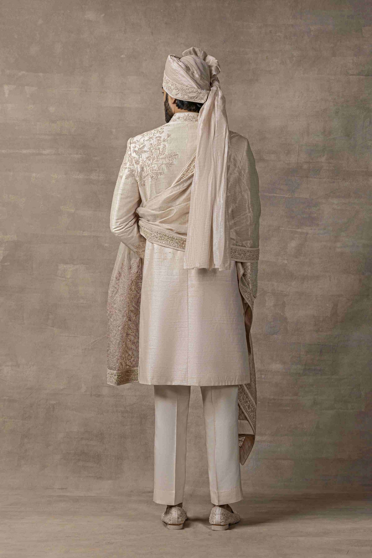 Rose Gold Sherwani With Placement Work On One Shoulder