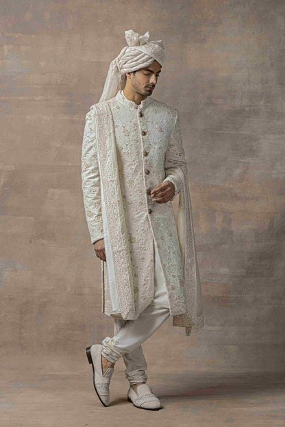 Ivory Sherwani Highlighted With Velvet Cut