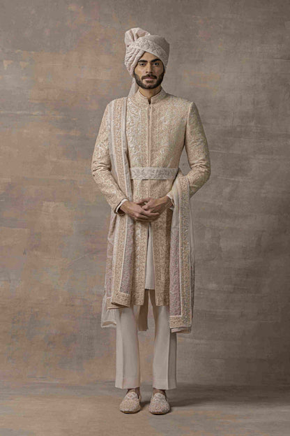 Rose Gold Sherwani Highlighted With Pearl And Thread Work