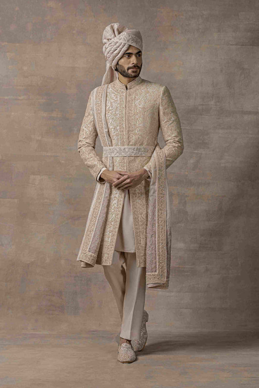 Rose Gold Sherwani Highlighted With Pearl And Thread Work