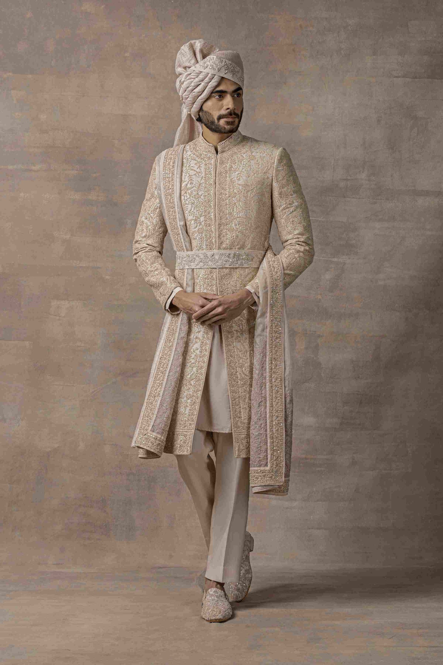 Rose Gold Sherwani Highlighted With Pearl And Thread Work