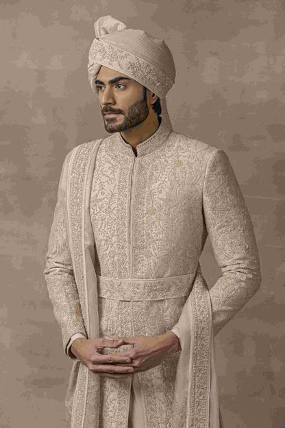 Rose Gold Sherwani Highlighted With Pearl And Thread Work