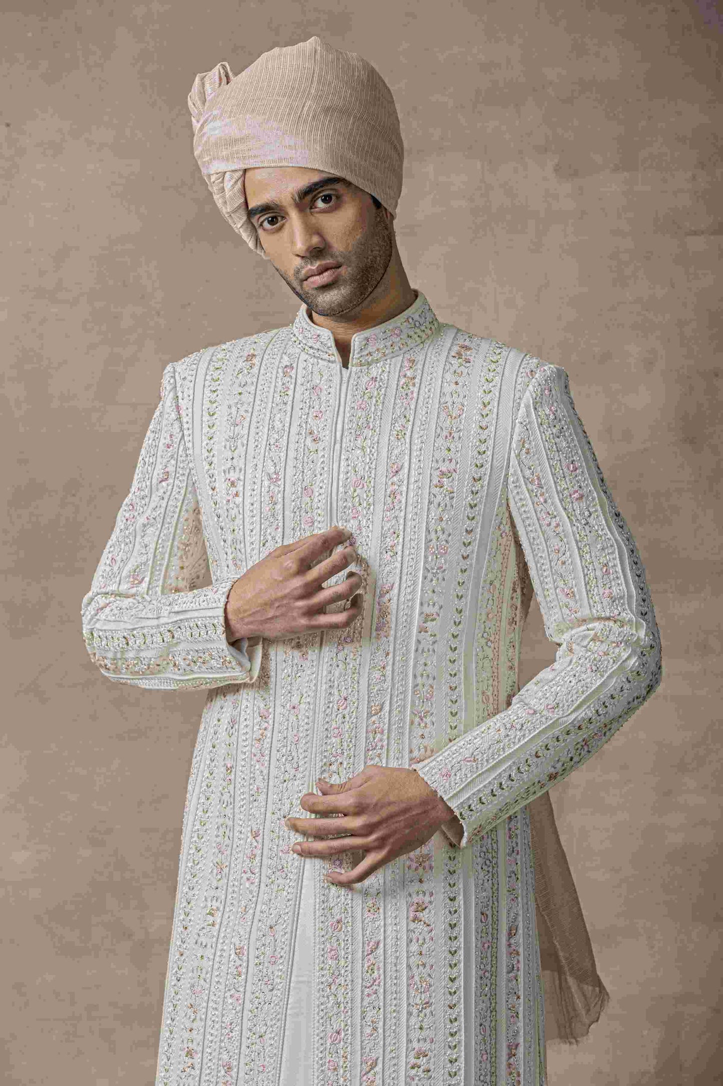 Ivory Sherwani Highlighted With Thread And Pearl Work