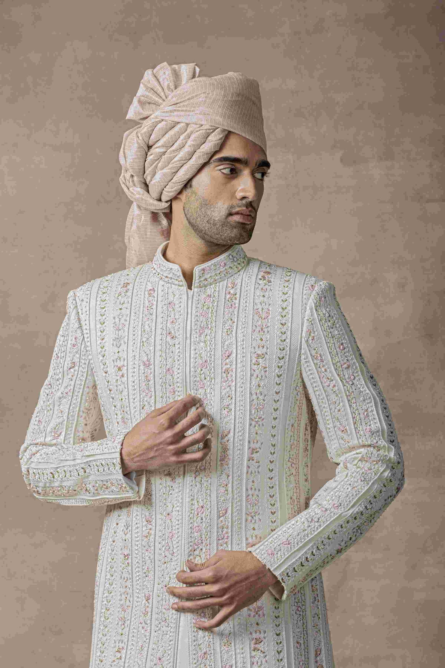 Ivory Sherwani Highlighted With Thread And Pearl Work