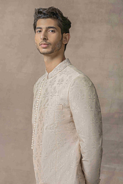 Peach Sherwani With Thread And Pearl Detailing