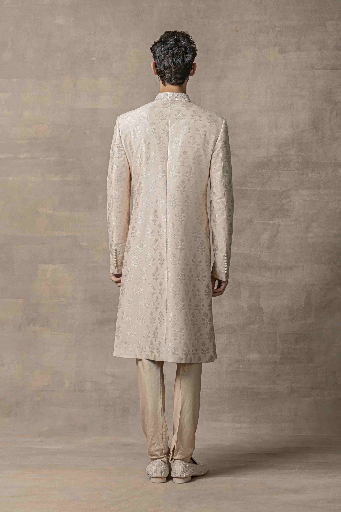 Peach Sherwani With Thread And Pearl Detailing