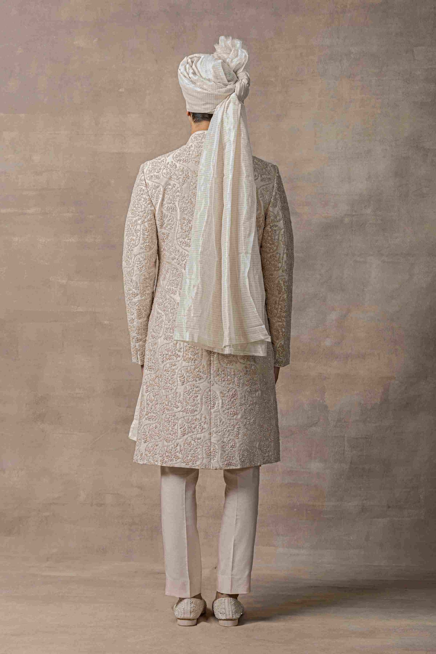 Rose Gold Sherwani Highlighted With Rose Gold Zari And Thread