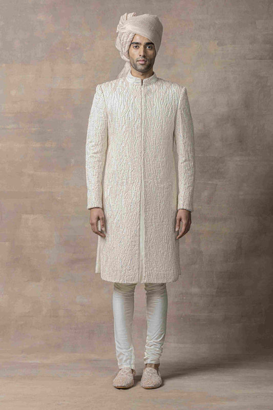 Off White Sherwani Highlighted With Thread , Pearl And Multi Coloured Sequin