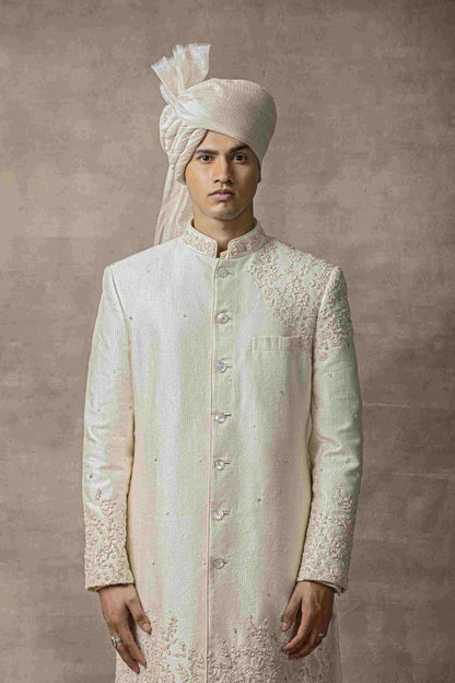 Off White Dhagai Sherwani With Placement Dori Work Highlighted With Pearl And Sequin