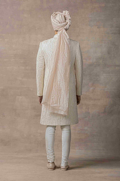 Off White Dhagai Sherwani With Placement Dori Work Highlighted With Pearl And Sequin
