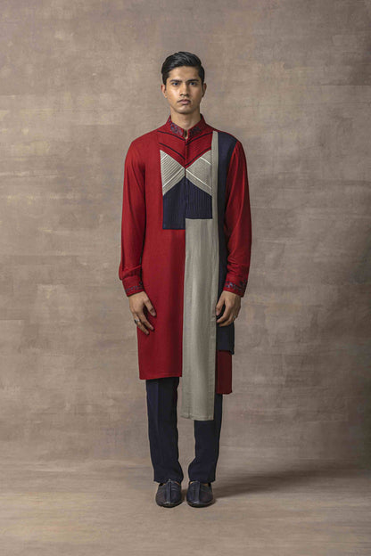 Red Pintuck & Colour Blocking Kurta Set