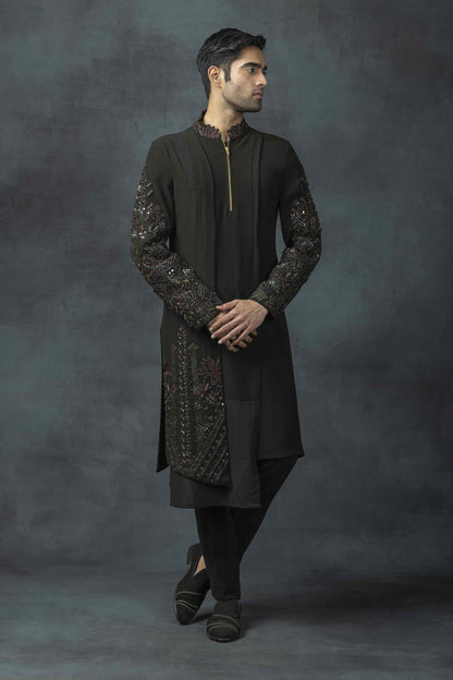 Forest Green Leather Embroidery Kurta Set