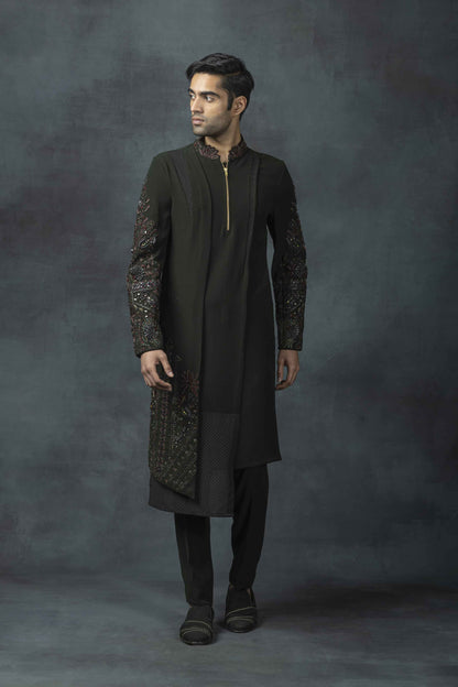 Forest Green Leather Embroidery Kurta Set