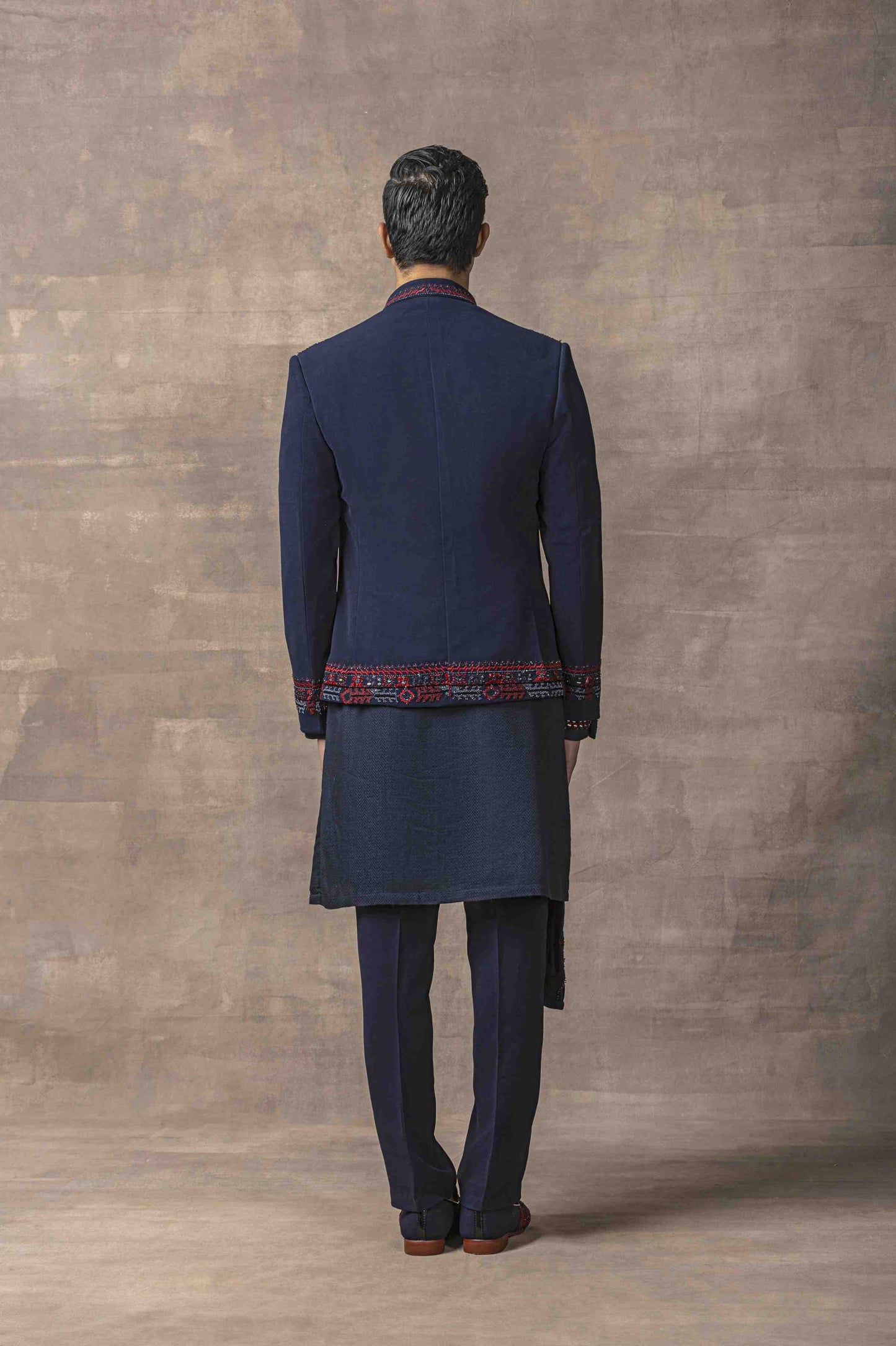 Navy Embroidered Open Bandhgala Set