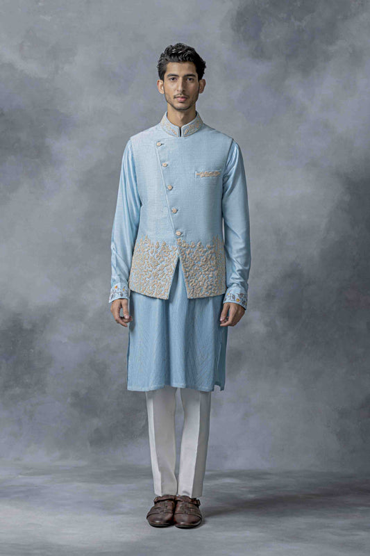 Sky Blue Angrakha Cut Waistcoat Set