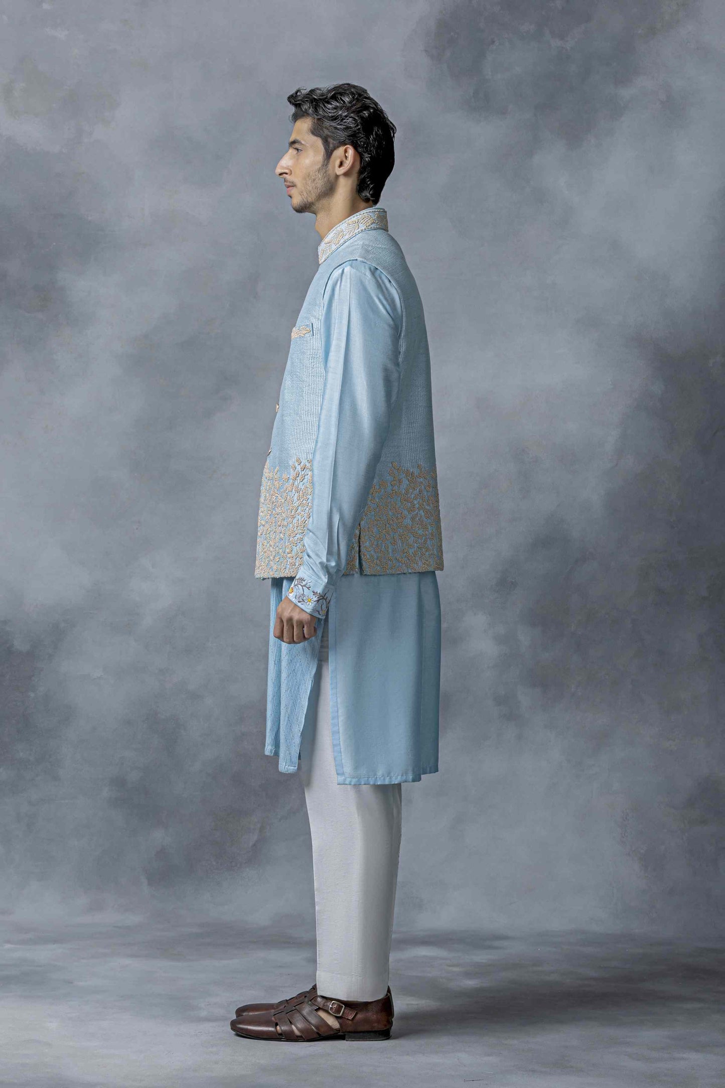 Sky Blue Angrakha Cut Waistcoat Set