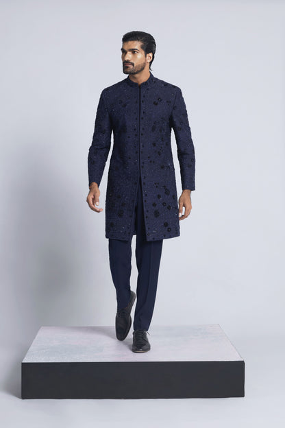 Navy blue raw silk velvet cut indo western set