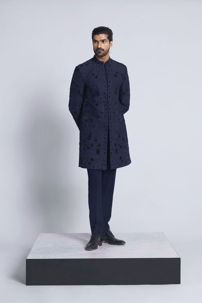 Navy blue raw silk velvet cut indo western set