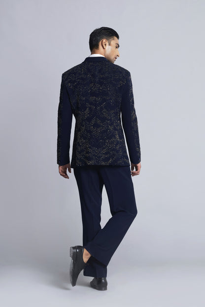 Navy blue Sandwash Pearl Embroidered Tuxedo Set