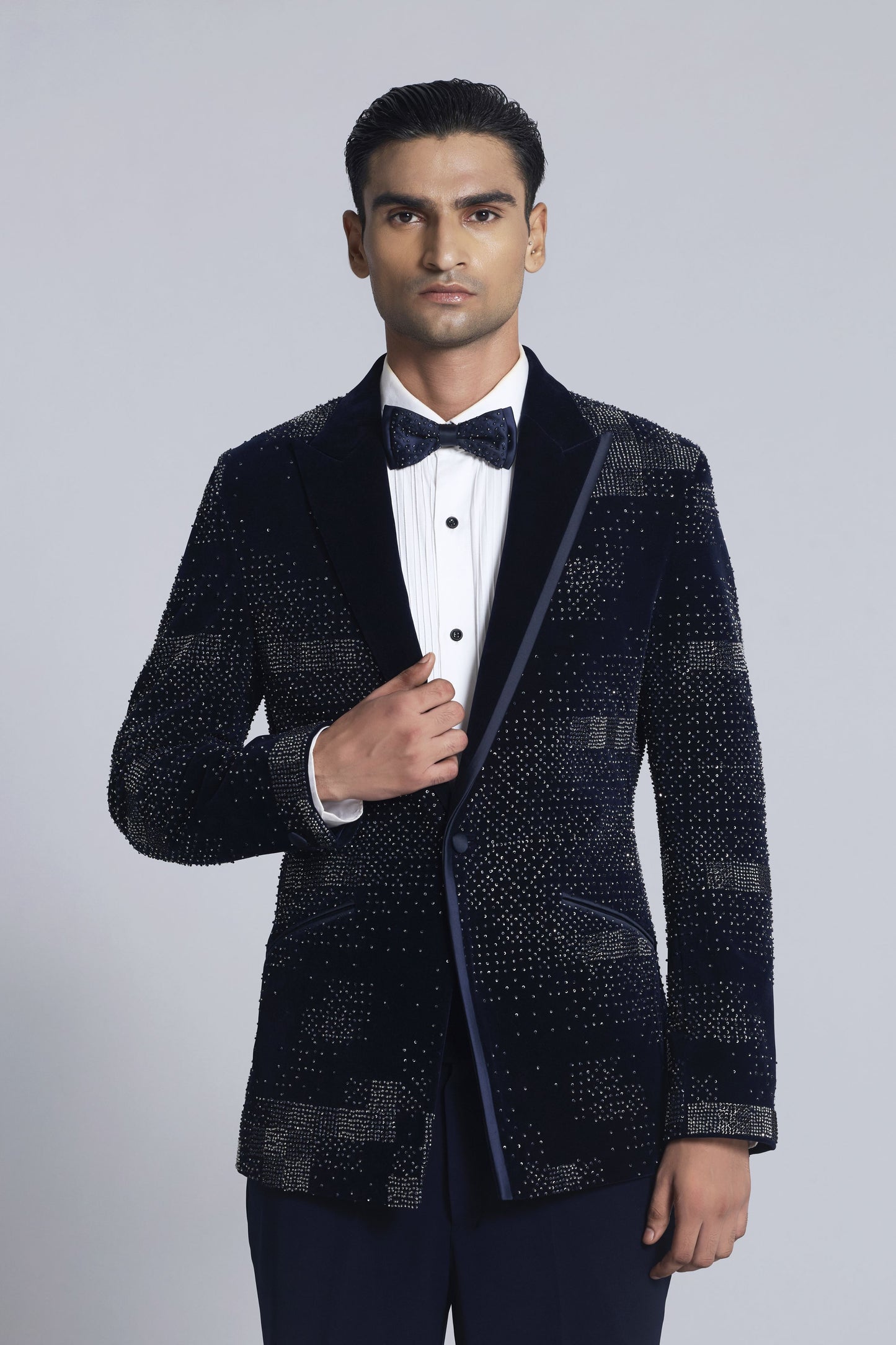 Navy blue velvet 
Pearl Embroidered 
Tuxedo Set