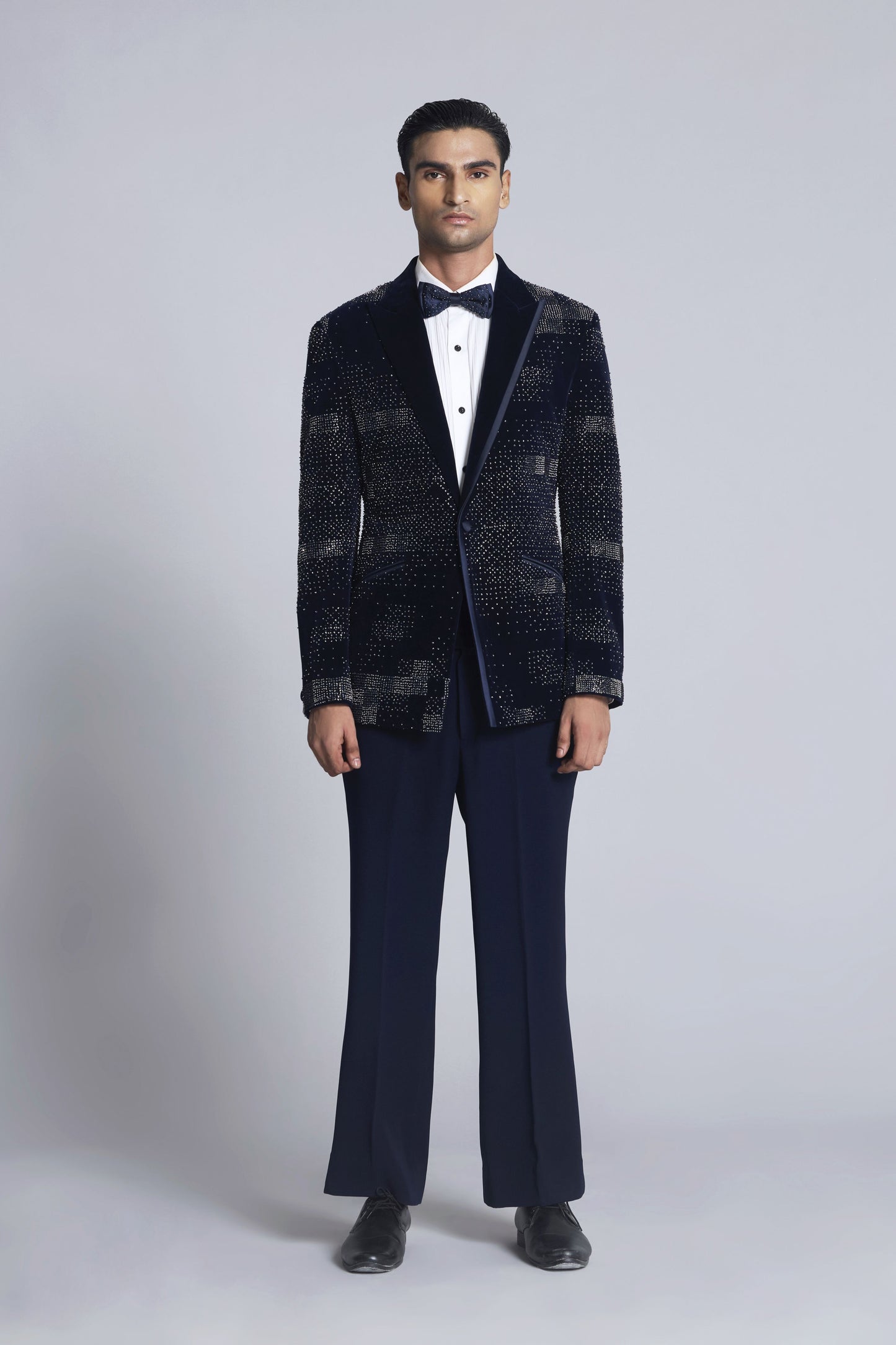 Navy blue velvet 
Pearl Embroidered 
Tuxedo Set