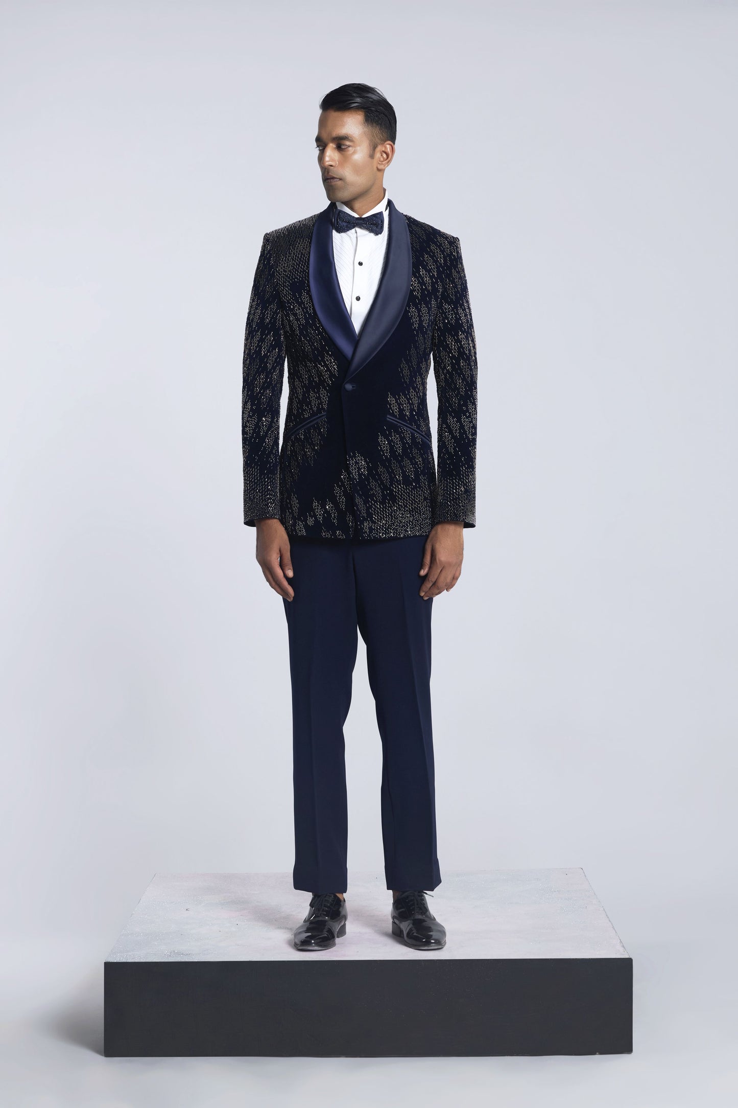 Navy blue velvet 
Pearl Embroidered 
Tuxedo Set