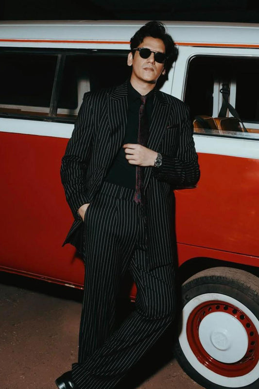Vijay Varma in Black striped suit set