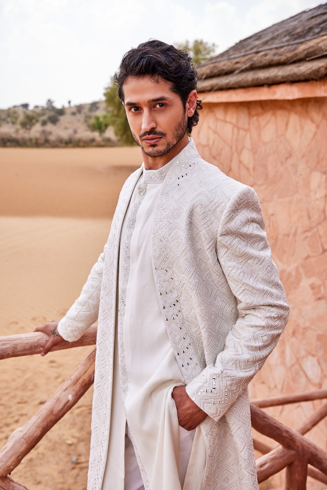 Ivory Front Open Sherwani