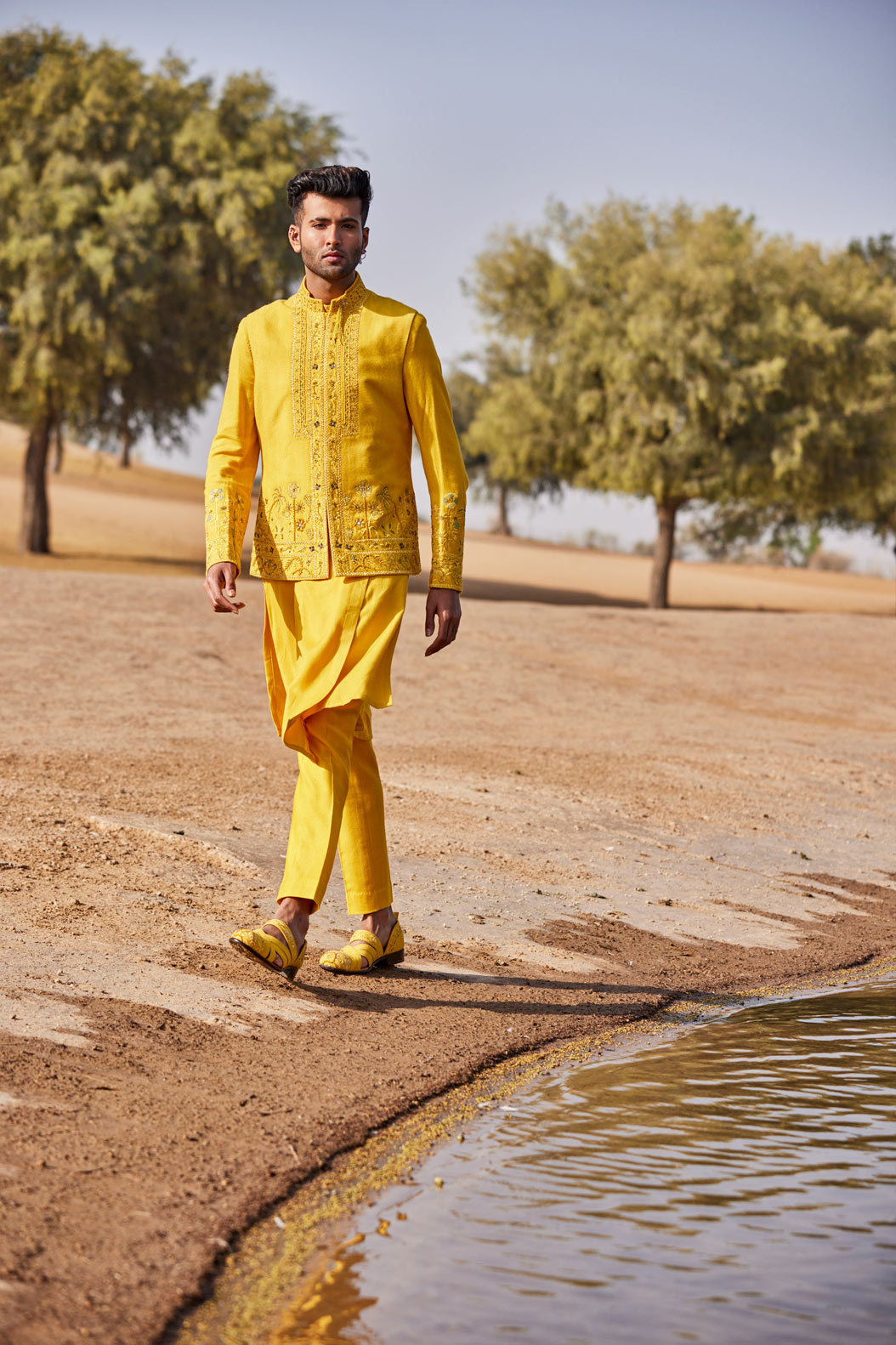 Yellow Waistcoat Set With Floral Thread Work
